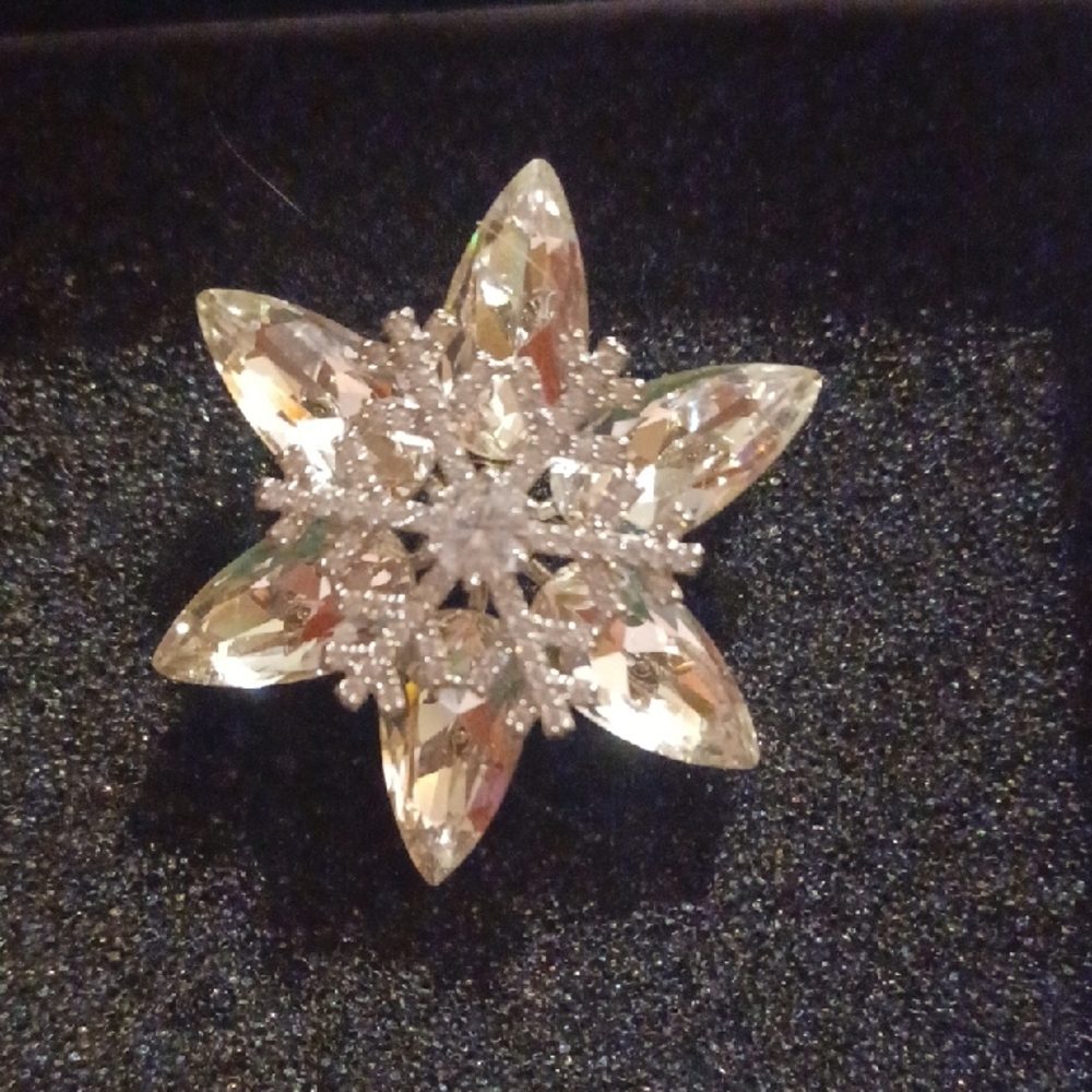 Elegant Silver Crystal Spinning Snowflake Brooch